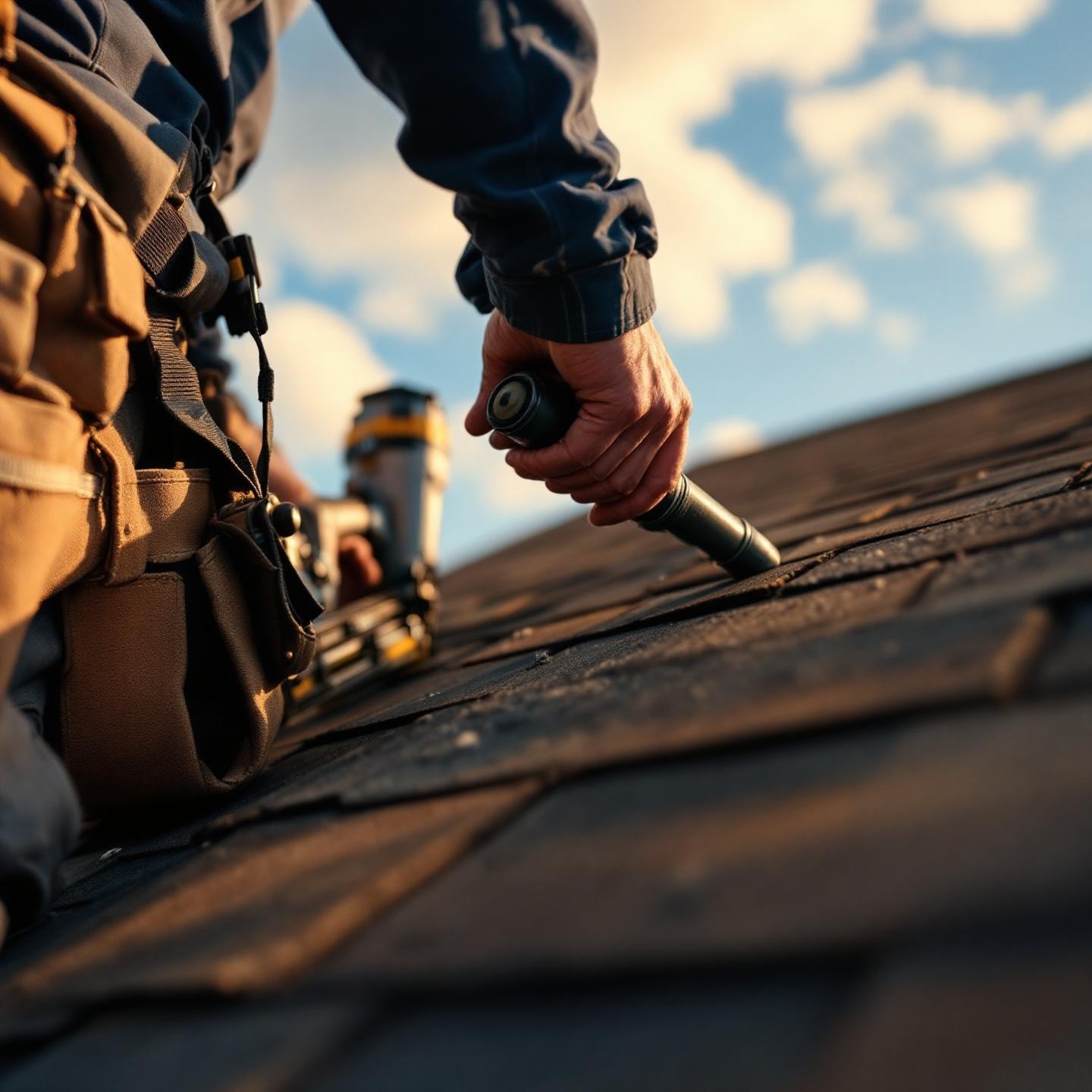 Roofing contractor installing shingles on a residential roof